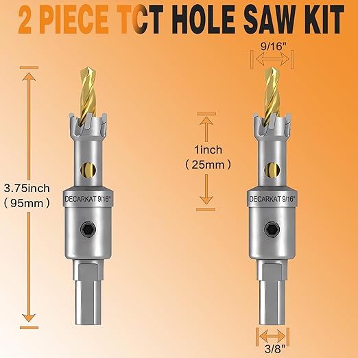 2-Pack 9/16" TCT Hole Saws for Hard Metal, Heavy Duty 14mm Tungsten Carbide Tipped Hole Cutters Set with Spring-Loaded Pilot Drill Bits for Stainless Steel, Metal, Iron, and Plastic.