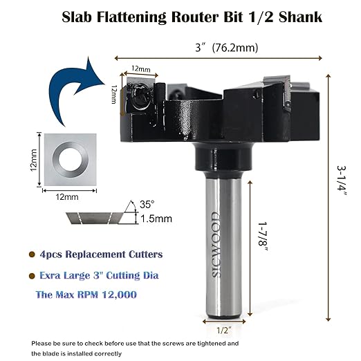 Slab Flattening Router Bit 1/2 Shank, Exra Large 3" Cutting Dia 4-Wing, Insert Carbide CNC Spoilboard Surfacing Router Bit, Wood Planer Planing Bit for Flycutter/Slab Leveler/Rabbeting by SICWOOD