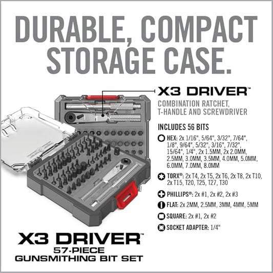 Real Avid X3 Precision Screwdriver Set with 1/4 Ratchet Wrench Bit Driver & Bit Extension - Tool Kit Includes Torx, Hex, Phillips, Flat & Square Bits (56 Piece)