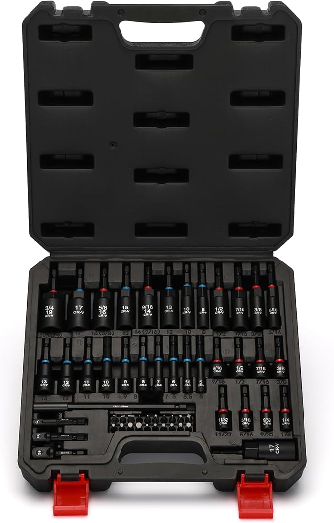 AIRTOON 55PCS Magnetic Nut Driver Set, Metric & SAE Magnetic Impact Drill Driver Bit, Deep Nut Driver Set, Wing Nut Driver, 1/4" Quick Change, Heavy Duty Socket Adapters & Bit Extensions, Storage Box