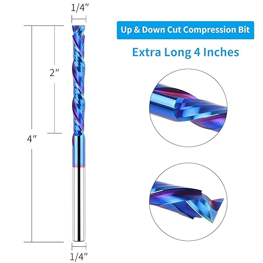Extra Long Compression Spiral Router Bit with 1/4 Inch Shank 2 Inch Cutting Length 4 Inch OVL, Solid Carbide Up/Down Cut CNC Bit, Ideal for Wood Cutting, Slotting, Engraving, Carving