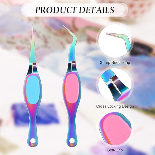 Chumia Reverse Tweezers Craft Crossing Lock Tweezers Reverse Grip Precision Curved Bent Straight Fine Tip for Craft Jewelry Beading Electronic Laboratory Work(Multi-color)