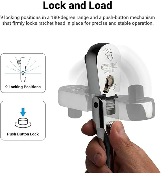 Capri Tools 3/8 in. Drive Fine 90-Tooth Locking Flex-Head Ratchet, Extra Long Chrome Handle