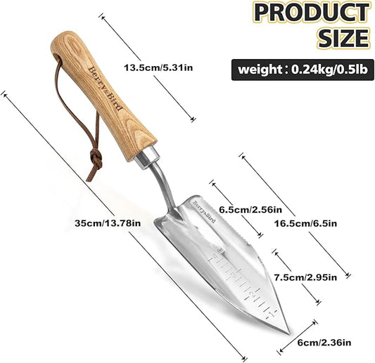 Berry&Bird Potting Trowel, Stainless Steel Serrated Hand Shovel, Wood Handle Garden Trowel Tool with Measuring Scale for Effortless Digging,Roots竊똏lanting, Cutting and Transplanting