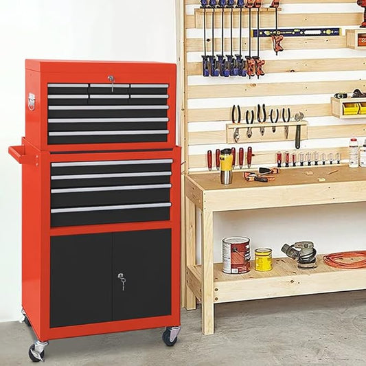 13-Drawer Tool Chest with Double Door and wheels, Large Detachable Toolbox with Sliding Drawers, Mechanic Tool Box Storage Cabinets, Metal Tool Cart for Garage Workshop (RED&BLACK)