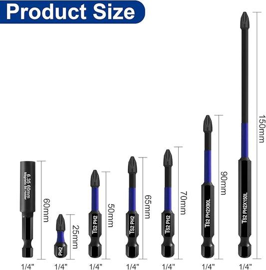 HPHOPE Phillips Bit Set, 6Pcs PH2 Bits with 60mm Magnetic Bit Holder, Precision Screwdriver Bit Set