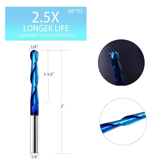 Ball Nose 0.1 Degree End Mill Cutter CNC Router Bits Spiral Milling Tool with Nano Blue Coating 1/4 Cutting Diameter 1/4 Inch Shank 3 Inch Overall Length STQ255…