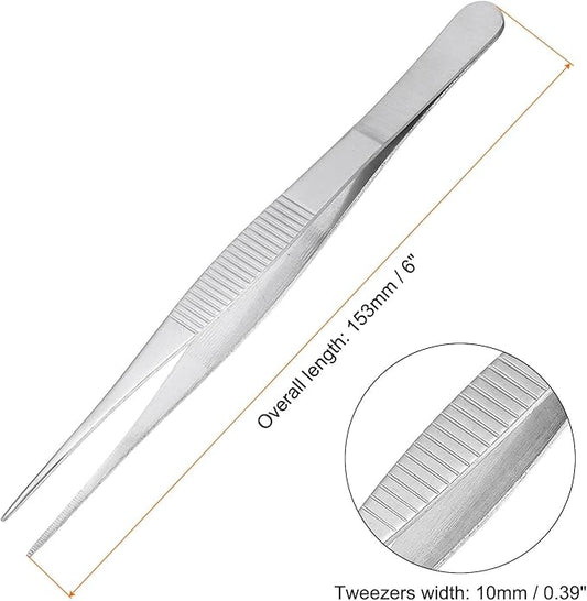uxcell Stainless Steel Tweezers 6-Inch Straight Serrated Tip Stainless Steel Multipurpose Sewing Tweezer Silver 10 Pcs