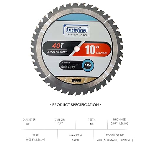 Luckyway 10 Inch Miter/Table Saw Blades 40T General-Purpose with 5/8 Inch Arbor TCT (Tungsten Carbide Tipped) Saw Blade for Cutting Wood, 2-Pack
