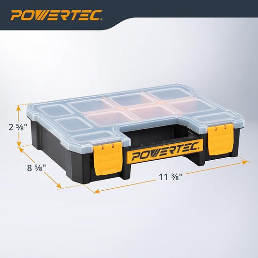 POWERTEC Small Parts Organizer & Tool Box – 10 Compartments, Stackable Storage with Removable Dividers, Clear Lid, Portable Design, 3-Pack (72117-P3)