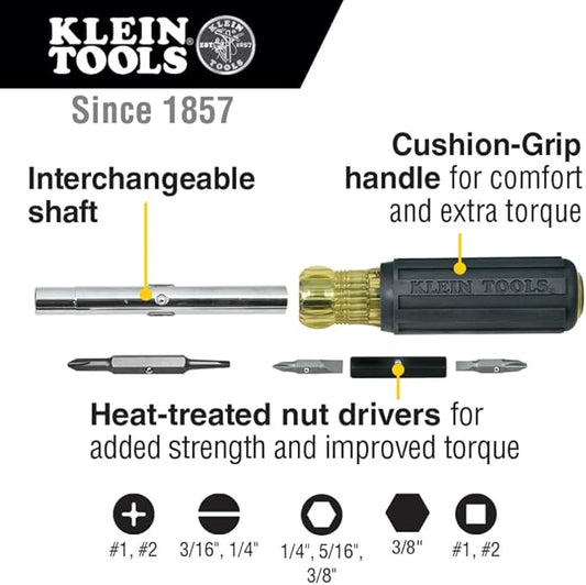 Klein Tools 32557 Multi-Bit Screwdriver/Nut Driver, Heavy Duty 10-in-1 with Interchangable Shafts and Ph, Sl, Sq, Hex Bits and Nut Drivers