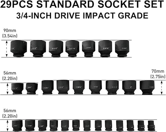 MacWork 29 Pieces Impact Socket Set, 3/4-Inch Drive, Standard, SAE 3/4 inch to 2-1/2 inch, CR-V Alloy Steel, 6-Point Sockets with a Storage Case