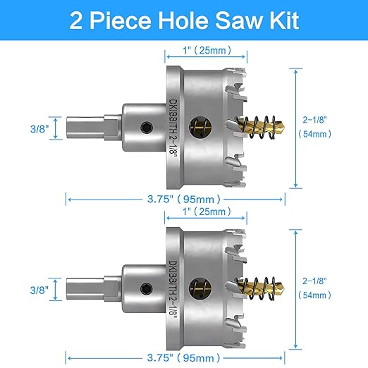 DKIBBITH TCT Hole Saw Set, 2-Pack 2-1/8" (54mm) Heavy Duty Tungsten Carbide Tipped Hole Cutters for Stainless Steel, Copper, Iron, Brass, Plastic with Titanium-Plated Pilot Drill Bits