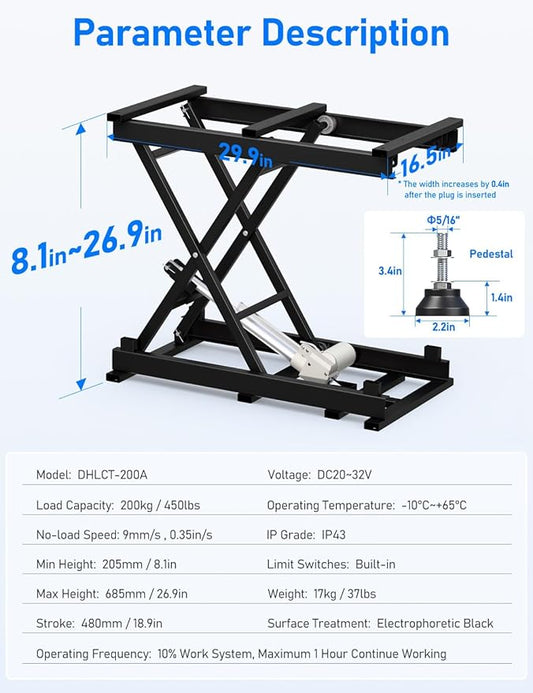 DIHOOL Electric Scissor Lift Table, 440Lbs Capacity, 8.07"-26.97" Height Adjustable Lifting Platform, Super Quiet with Remote & WiFi Control, Obstruction Detection, AC/DC Power for Home/Industrial Use