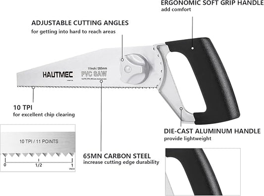 HAUTMEC Heavy Duty 11-Inch PVC/ABS Pipe Saw And General Purpose Hand saw, Adjustable Cutting Angle, For Cutting Pipe In Tight Spaces, for Trimming, Gardening, Wood, Drywall, And Plastic HT0027-SA