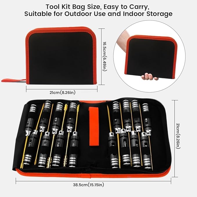 RC Car Tool Kit - 16pcs Screwdriver Set Includes Flat, Phillips, Hex, Titanium Steel Tools with Storage Bag for RC Car, Drone, Helicopter Models