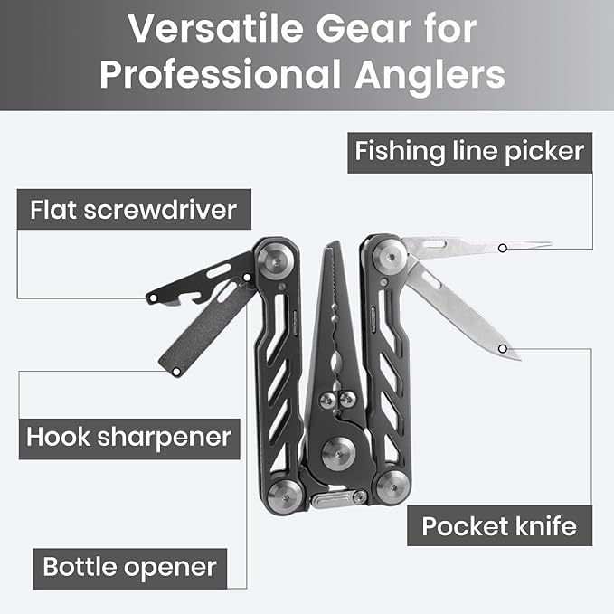 Pristis Multitool Pocket Pliers, Foldable Stainless Steel Titanium Coated Multi-Function Hook Remover, Portable Folding Professional Saltwater Split Ring Fishing Gear Kit for Outdoor Camping