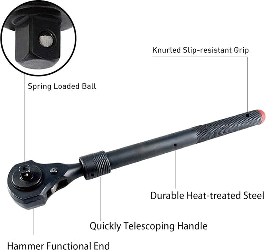 MacWork 1/2in.& 3/8in Dual Head Ratchet Handle -Telescopic Black Ratchet Spanner with Hammer Function