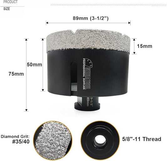SHDIATOOL Diamond Core Drill Bits 3 1/2 Inch for Porcelain Ceramic Tile Marble Brick Vacuum Brazed Hole Saw 89mm