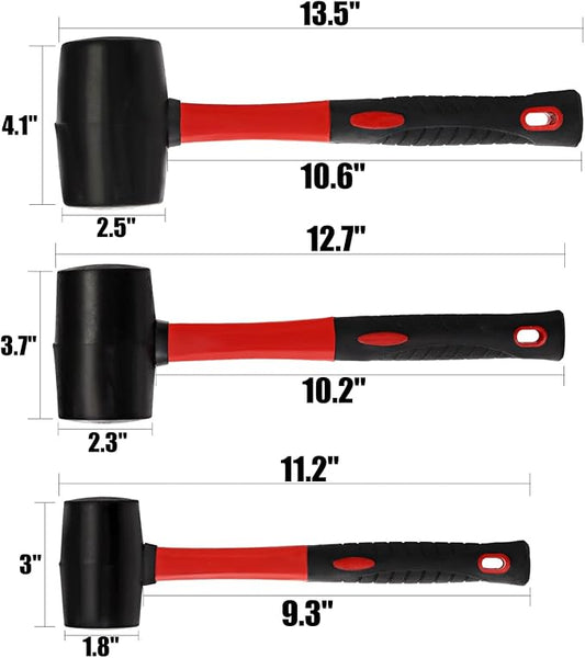 Peohud 3 Pack Rubber Mallet Hammer, 24/16/8 Oz Durable Camping Hammer with Fiberglass Handle, Soft Blow Mallet for Flooring, Tent Stakes, Woodworking, Construction and Home Renovation