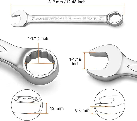 Jetech 1-1/16 Inch Combination Wrench - Industrial Grade Spanner with 12-Point Design, 15-Degree Offset, Made with Durable Chrome Vanadium Steel in Sand Blasted Finish, Forged, Heat-Treated, SAE