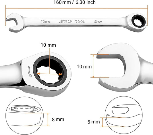 Jetech 10mm Ratcheting Combination Wrench, Industrial Grade Gear Spanner with 12-Point 72-Tooth Ratchet, Forged and Heat-Treated Cr-V Steel, Metric