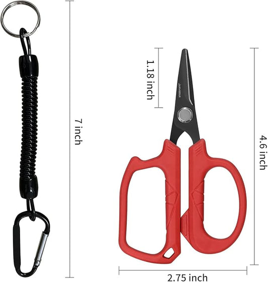 JARVISTAR 4.65" Fishing Scissors - Heavy Duty Line Cutter with Spring Clip Keychain, Dual Serrated Stainless Blades - Cuts Braided, Mono & Fluorocarbon Lines for Saltwater & Freshwater Red
