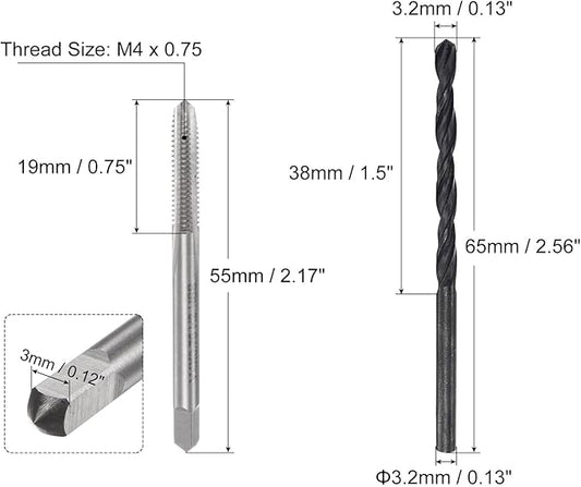 uxcell Metric Tap and Drill Bit Set, M4 x 0.75 Thread Tap & 3.2mm Black Oxide Twist Drill Bit, Straight Flute Tap Tapping Threading Repair Tool Kit