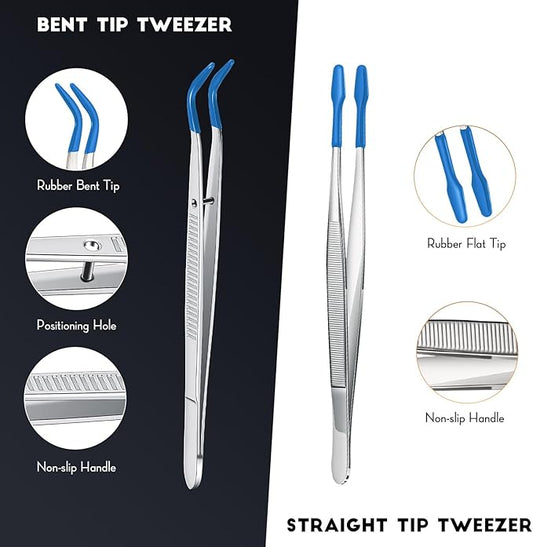 2 Piece Tweezers with Rubber Tips Set - Bent and Straight Flat Tips Tweezers PVC Coated for Stamp Coins Jewelry Crafts, Electronics(Silver, Blue)