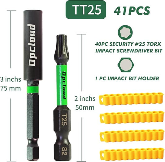 T25 Impact Screwdriver Bit Set, 41 Pieces 2?쒾2 Steel Magnetic Security #25 Torx Tips Driver Power Bit Set with Extension Impact Bit Holder
