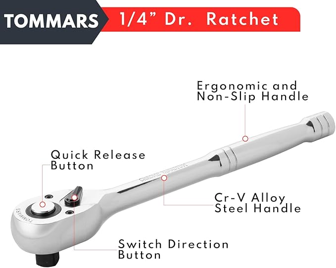 TOMMARS 1/4" Drive Ratchet Socket Wrench, 72-Tooth Quick-Release Socket Ratchet Wrench Reversible, Gifts for Men Mechanic Hand Tools