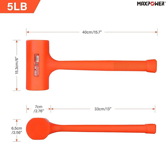 MAXPOWER Dead Blow Hammer, 5 LB dead Blow Mallet with Checkered Grip Handle, Spark and Rebound Resistant - Orange