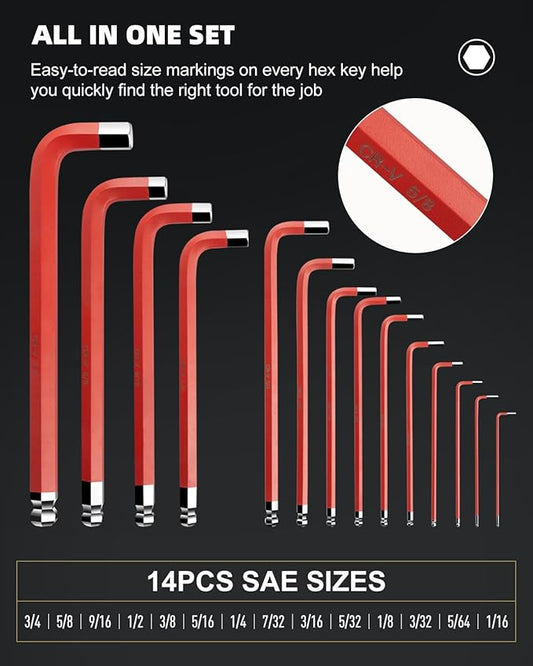 ROTATION 14PC Jumbo Hex Key Set - SAE 1/16-3/4 Long Ball End high-strength chrome vanadium Steel | Automotive Mechanic Furniture | Pro-Grade Allen Wrench Tools