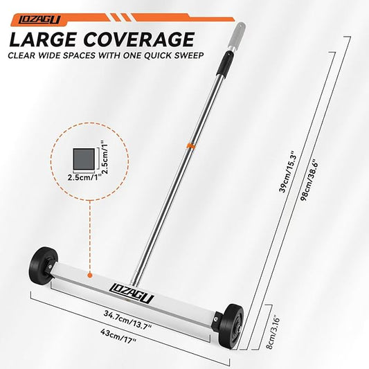 17" Rolling Magnetic Sweeper with Wheels with Wheels, 8.8 Lbs Pull Force with Telescoping Holder