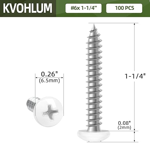100 PCS #6 x 1-1/4" White Head Sheet Metal Screws, Pan Head Phillips Fast Self Tapping Screws, Round Head Wood Screws, Screwdriver Bit Included