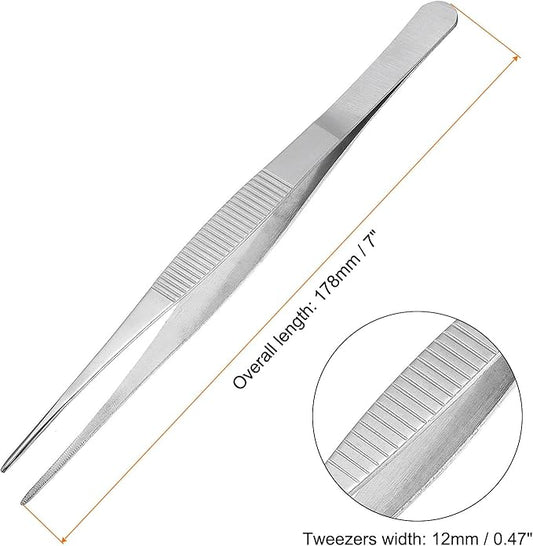 uxcell Stainless Steel Tweezers 7-Inch Straight Serrated Tip Stainless Steel Multipurpose Sewing Tweezer Silver 10 Pcs