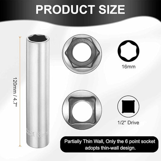 HARFINGTON 2pcs 6 Points Deep Socket 1/2" Drive 16mm Deep Metric CR-V Steel Polished Nickel Plating Flip Sleeve 120mm / 4.7" Extra Long Socket Tool for Home Auto Nuts Bolts Repair