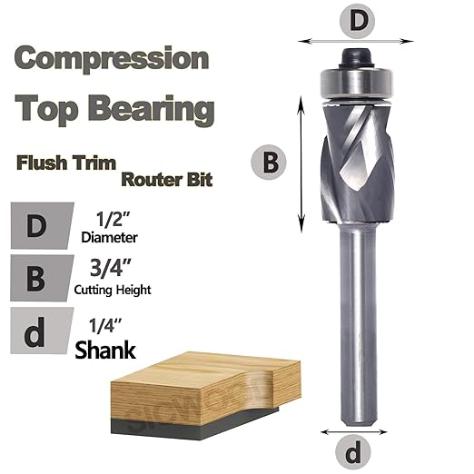 Compression Top Bearing Flush Trim Router Bit 1/4 Shank - 1/2" Cutting Dia, 3/4??Cut Height, Carbide Spiral Up-Down Pattern Template Flush Cut Router Bit, for Wood Trimming