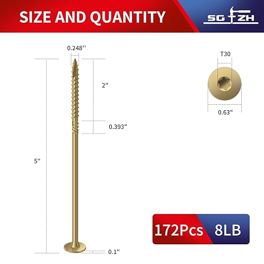 #14 x 5 Inch Outdoor Structural Wood Deck Screws (172Pcs/8lb), Carbon Steel, Tan, Flat Head, Rust Resistant Epoxy Coated, T30 Star Bit