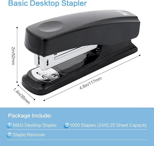 M&G Desktop Stapler with 25 Sheet Capacity, Two Binding Modes, Basic Stapler Set with 1000 Staples and Remover, Durable Staplers for Office Home (Black)