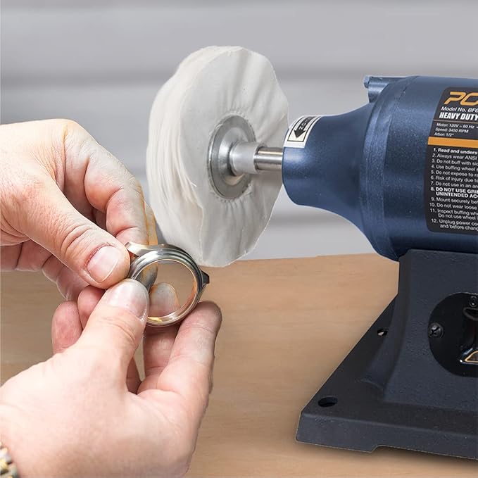 POWERTEC 6-Inch Bench Buffer Jewelry Polisher - Includes 4PCs 80Ply Thic Buffing Wheels | Ideal Benchtop Buffing Machine for Polishing Metal, Jewelry, Knives, Wood, Jade, and Plastic (BF601C)