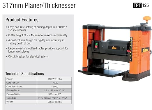 Triton TPT125 Benchtop Thickness Planer - 12-1/2" Wood Planer with 17,500 Cuts Per Minute, Adjustable Depth for Woodworking Projects, Efficient Dust Extraction System