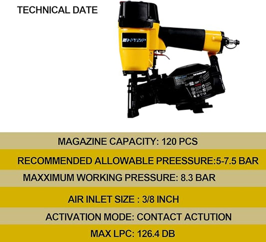 BHTOP CN45N Roofing Nailer, 15 Degree Roofing Nail Gun, 3/4-Inch to 1-3/4-Inch Coil Nails, 120-pcs Load Capacity Coil Nailer in Orange