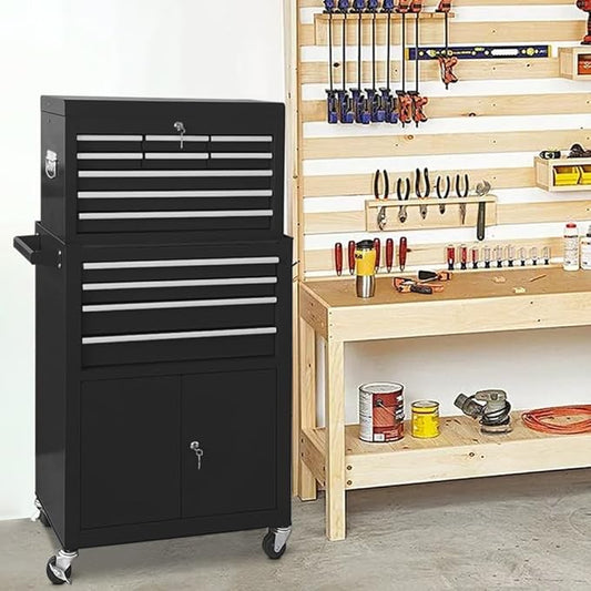 Tool Chest 13-Drawer with Double Door and wheels, Large Detachable Toolbox with Sliding Drawers, Mechanic Tool Box Storage Cabinets, Metal Tool Cart for Garage Workshop (BLACK)