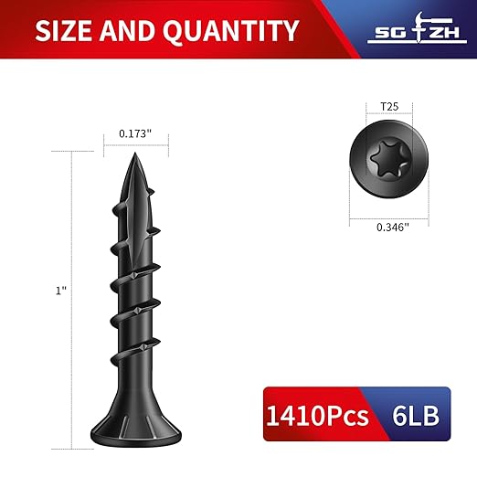 #8 x 1 Inch Deck Screws (1410Pcs) 6lb. Carbon Steel, Black, Flat Head, Rust Resistant epoxy Coated, with T25 Star Bit