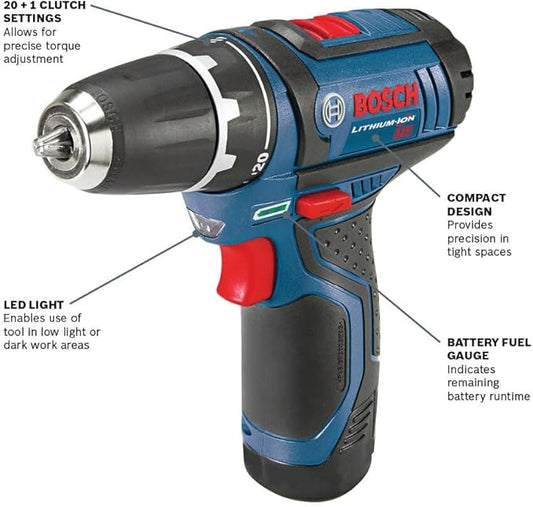 BOSCH PS31-2A 12V Max 3/8 Inch Drill/Driver Kit with (2) 2 Ah Batteries and Charger, Variable Speed
