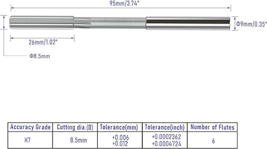 Chucking Reamer 8.5mm, H7 HSS Cobalt M35 Lathe Machine Reamer Metric, 6 Straight Flutes, Round Straight Shank Milling Cutting Tool, for Stainless Steel Alloy Copper Metal