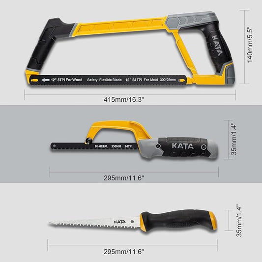 KATA Heavy Duty Hacksaw Frame Set, 12" Hack saw, 10" Mini Hacksaw and 6" Drywall Saw/Jab Saw, Extra 4pc Flexible Bi-Metal HSS Blades, Multi-purpose Handsaws Cutting for Metal, Wood, PVC Pipes