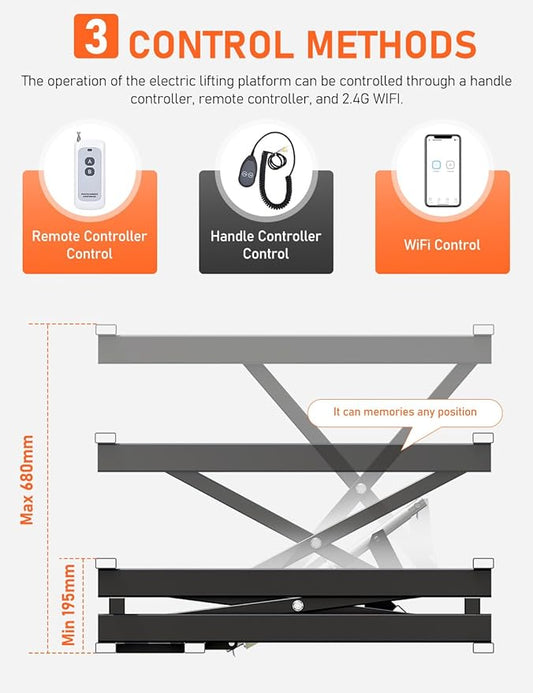 DIHOOL Electric Scissor Lift Table, 350Lbs Capacity, 7.68"-26.77" Height Adjustable Lifting Platform, Super Quiet with Remote & WiFi Control, Obstruction Detection, AC/DC Power for Home/Industrial Use