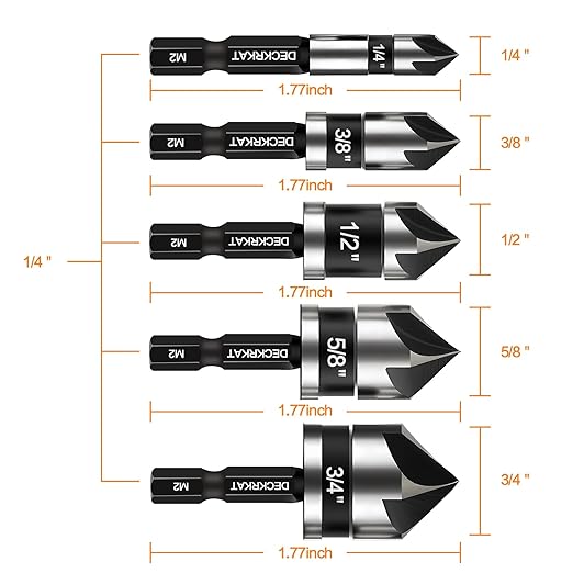 5 Pcs Countersink Drill Bit Set, Industrial Grade M2 High-Speed Steel, 82 Degree, 5 Flute with 1/4??Quick Change Hex Shank, 1/4" to 3/4" Size for Metal, Wood & Plastic - Includes Durable Case